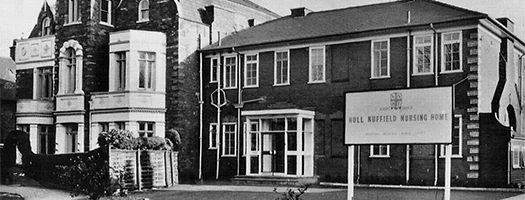 Black and white photo of Nuffield Hospital architectural details from early-mid 20th century urban streetscape