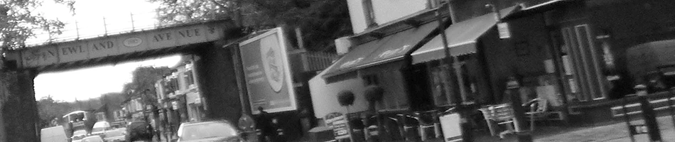 Black and white photo of Newland street with overhead sign, shops, vehicles, and street scene in grayscale perspective