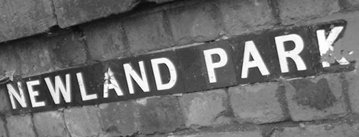 Black and white street sign reading "NEWLAND PARK" mounted on a brick or stone wall background