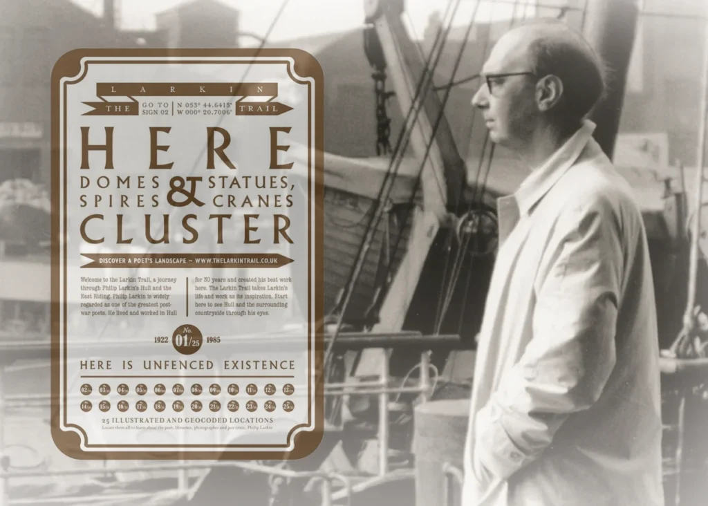 The Larkin Trail sign featuring a vintage photo Philip Larkin, highlighting poet Philip Larkin's Hull landscape